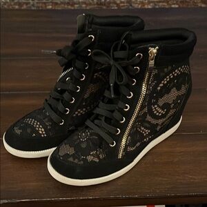 Black Lace High-Top Women's Wedge Sneakers